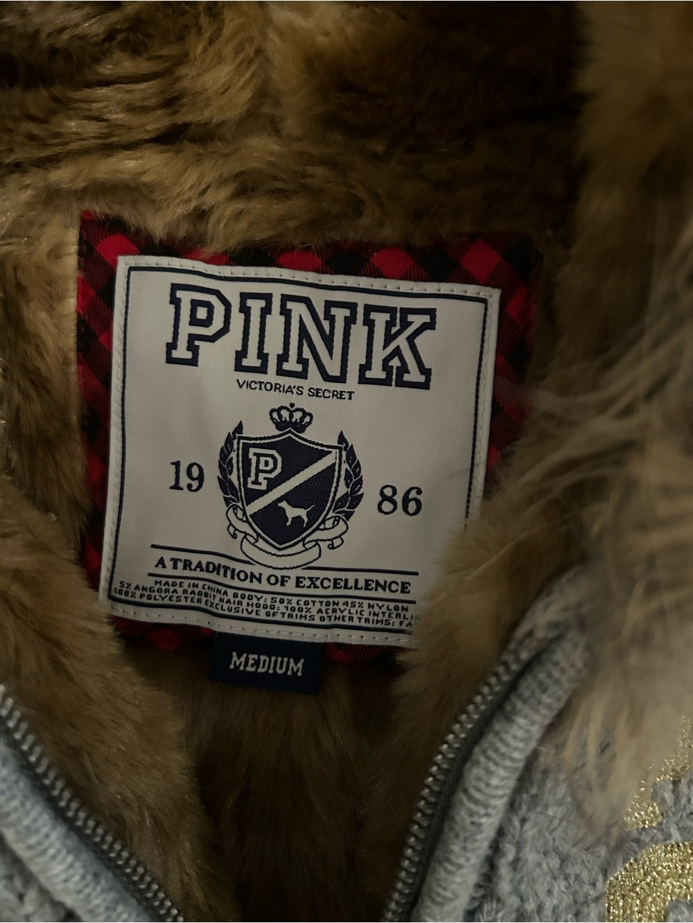 Vtg VS PINK Angora Cable Knit Fur Hoodie Jacket Gray M / S McBling Y2K Grail - Picture 4 of 8